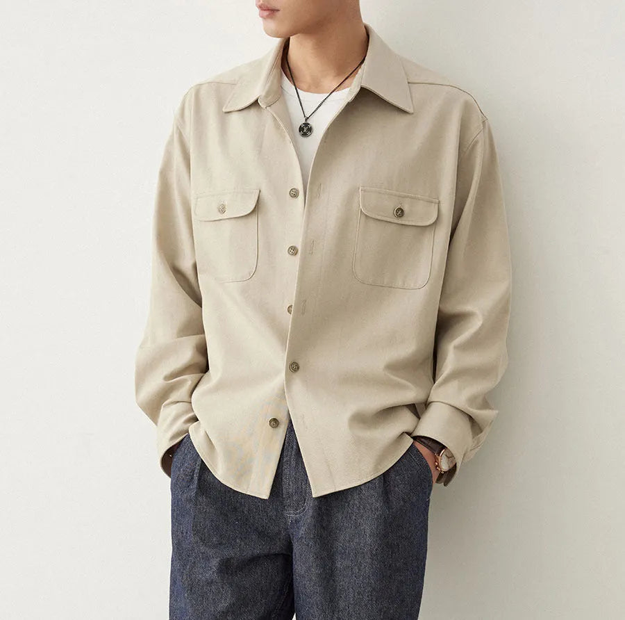 Men's cotton blend long sleeve shirt with simple lapel in light sand rice colour