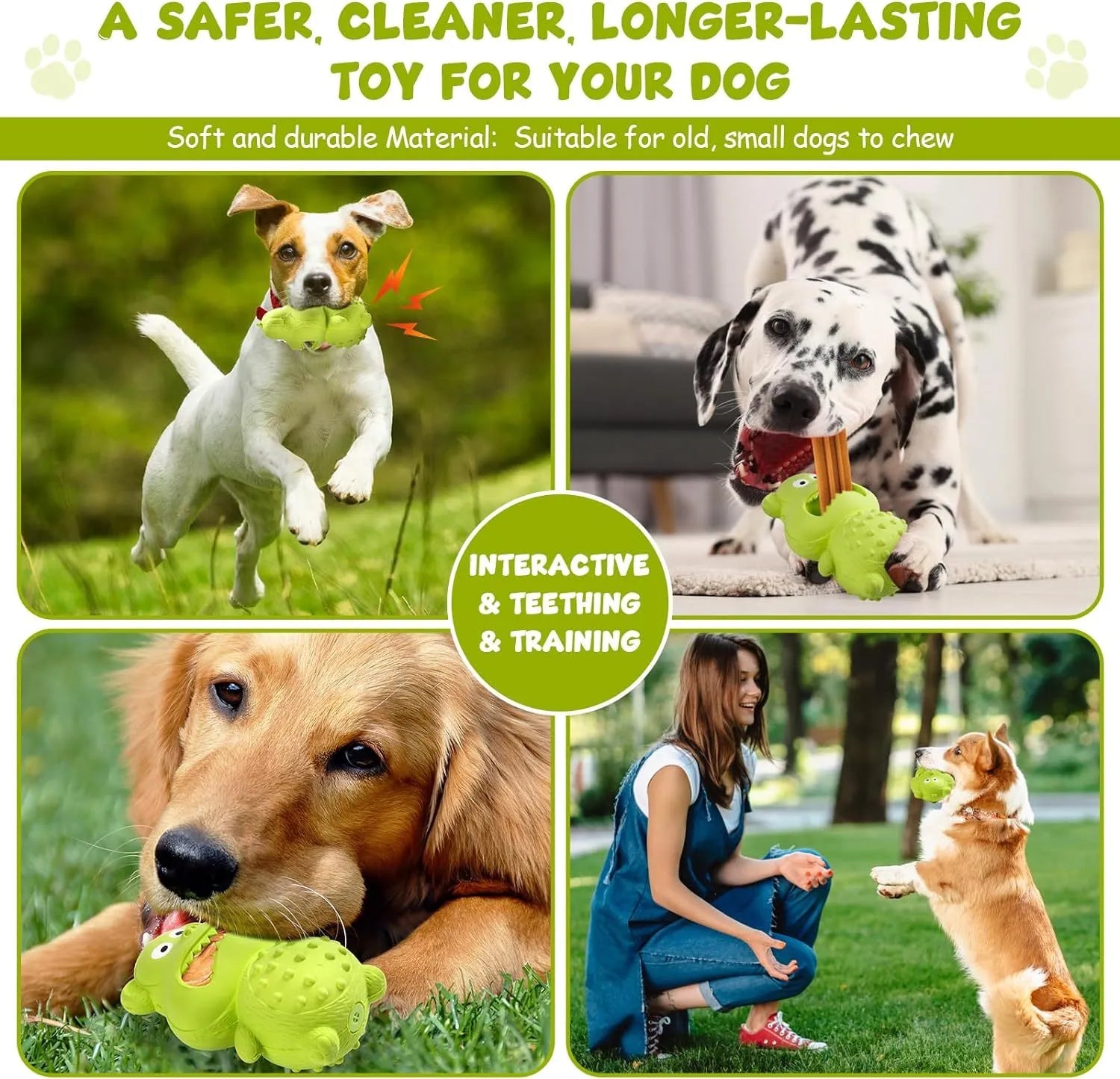 Green and yellow natural rubber squeaky dog toy for large breed aggressive chewers.