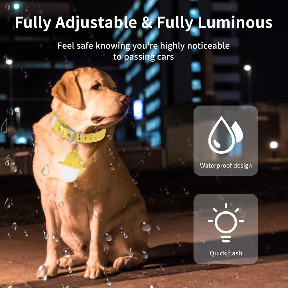 Yellow banana-shaped silicone dog collar light with geometric pattern, USB rechargeable, for night walks