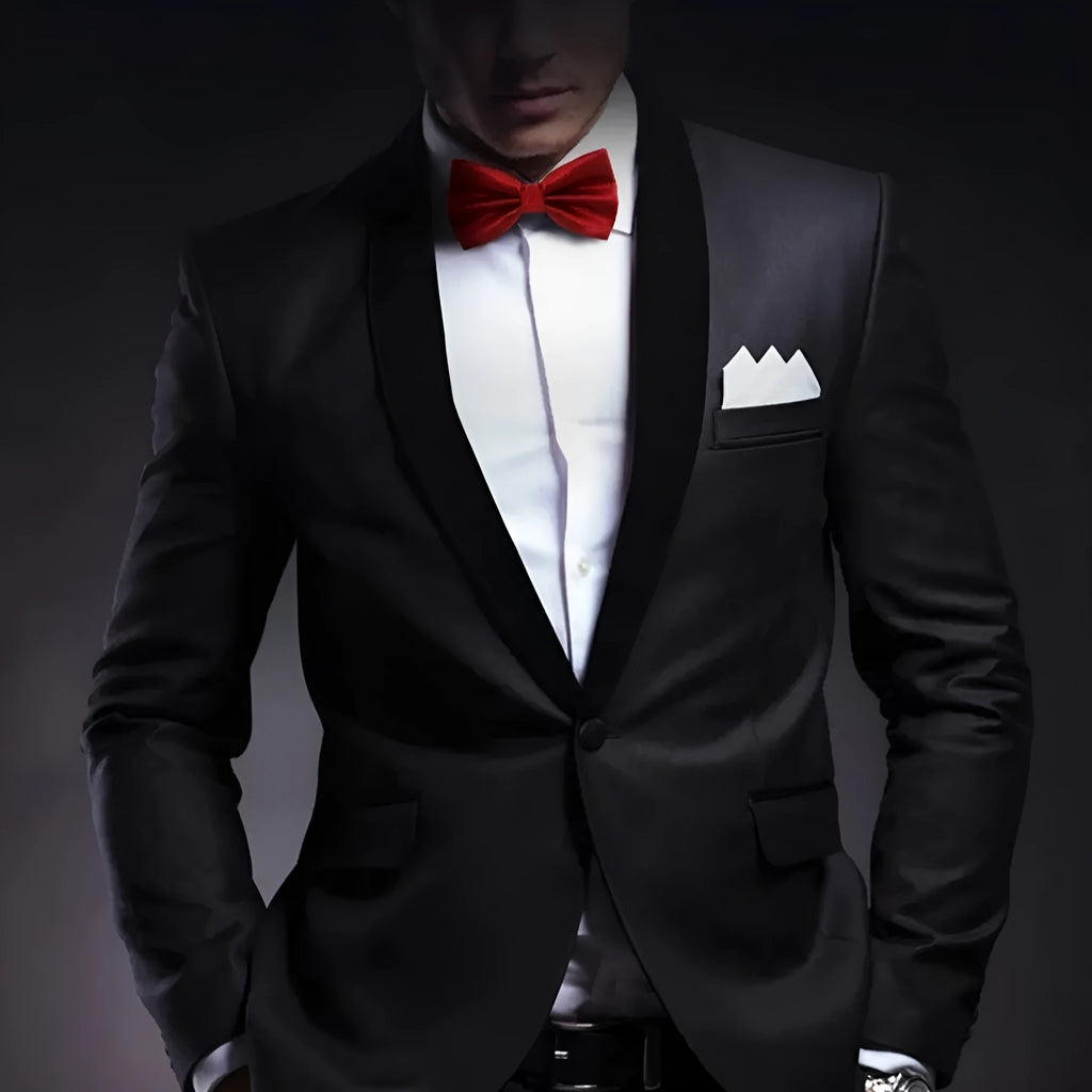 Men's solid colour flat head polyester bow tie showing 12cm by 6cm dimensions.