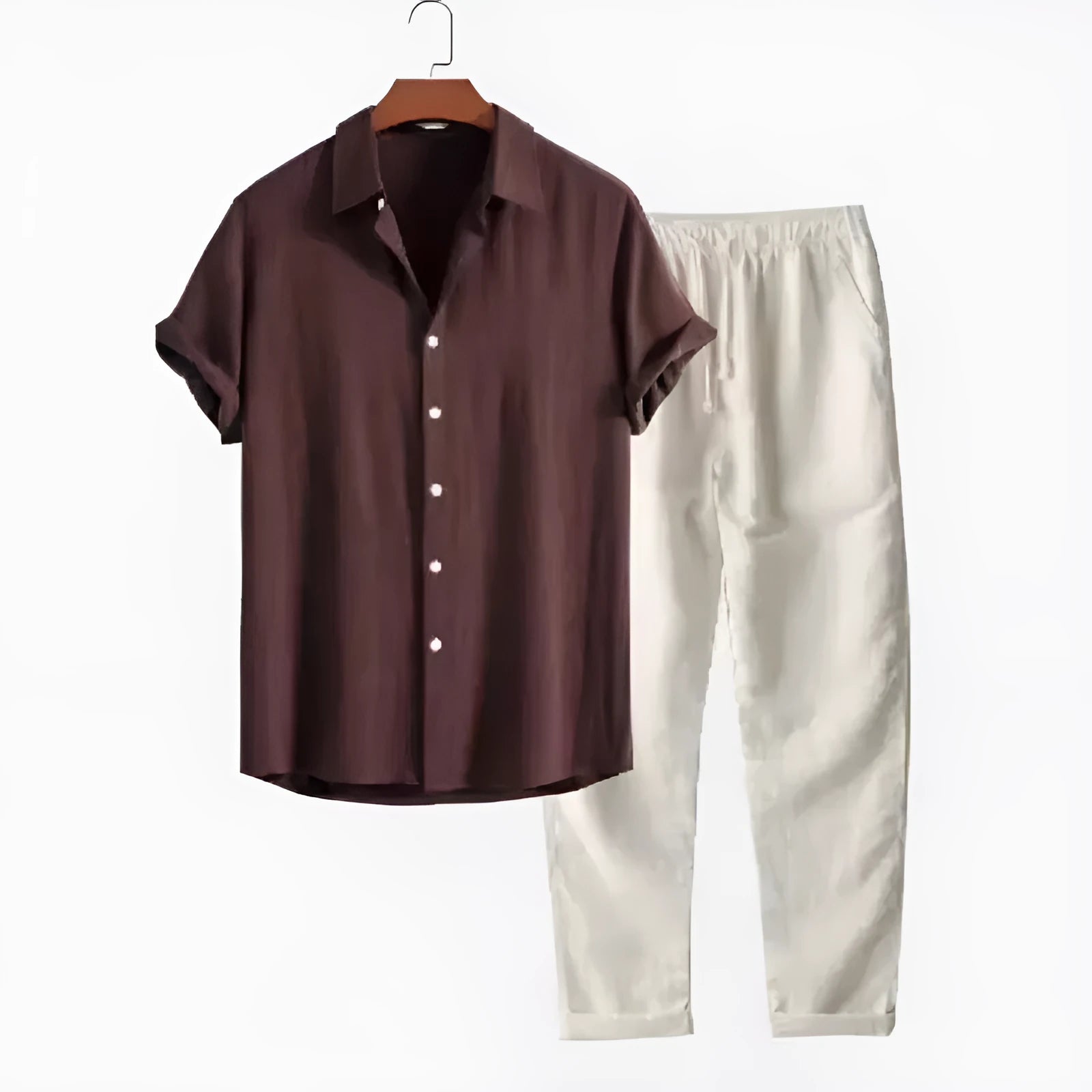 Men's casual linen-look short sleeve shirt and trousers suit set in coordinated two-piece design
