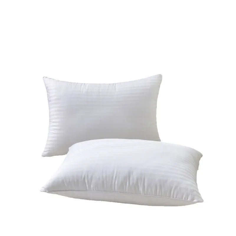 White cotton satin stripe pillow with feather and cotton filling, shown in low, medium, and high loft options.