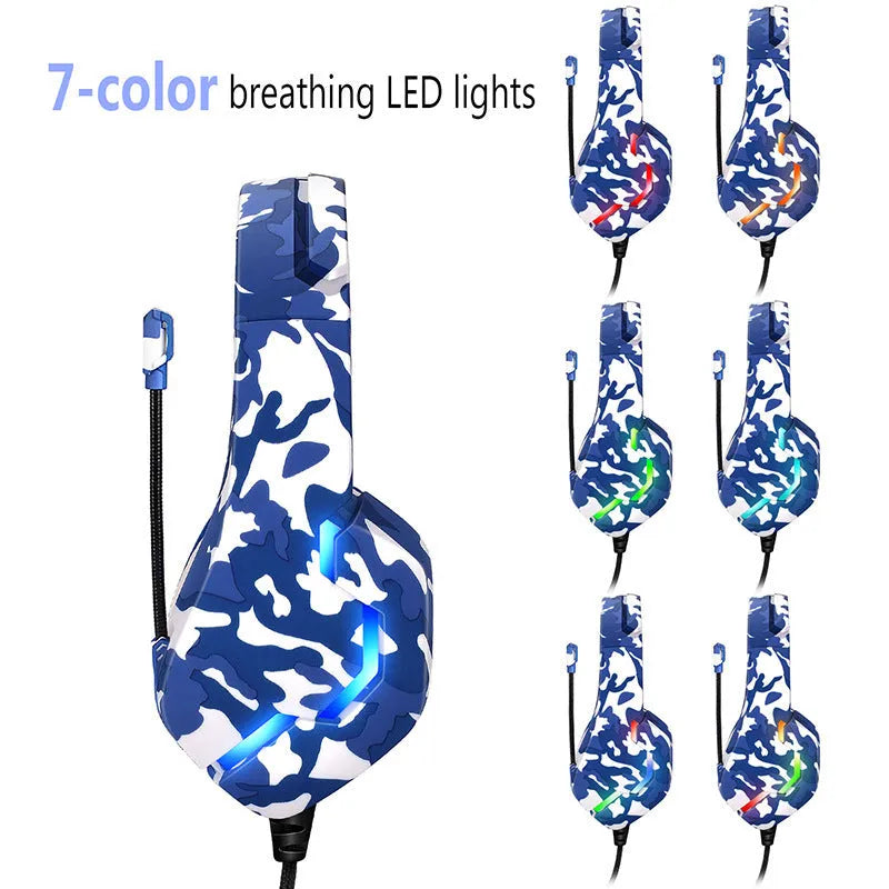 Eat Chicken wired gaming headset with cloth earmuffs and braided cable in camouflage colours