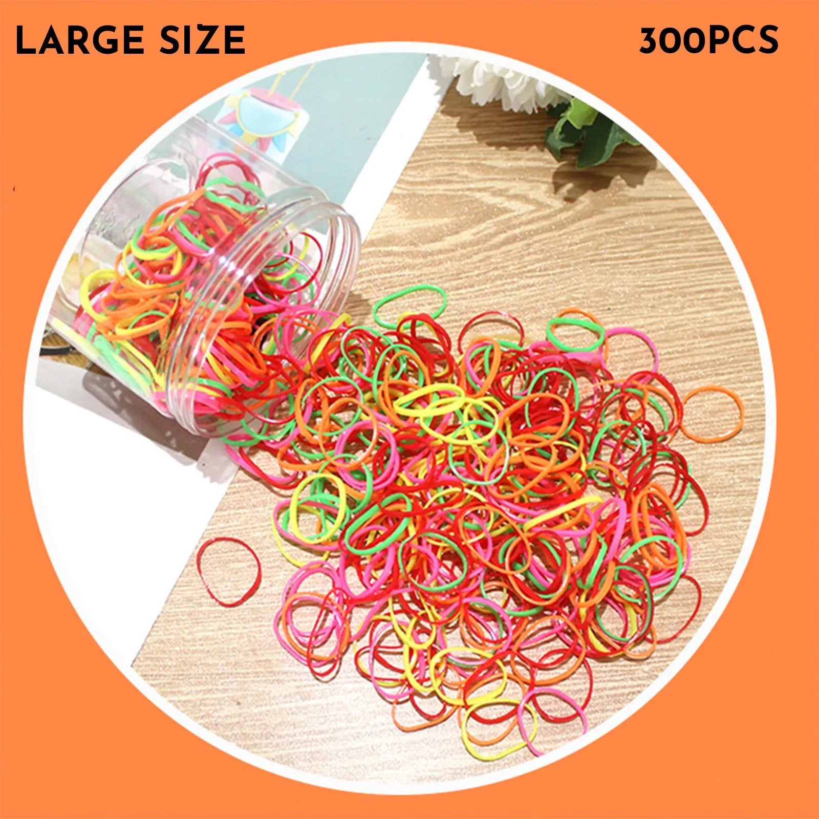 Multi-colour TPU baby hair bands in a reusable container, 300 or 600 piece pack.