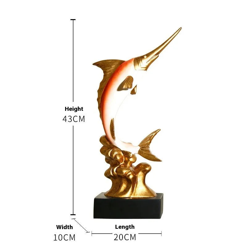 Detailed resin European swordfish decoration in a choice of four colours on a shelf.