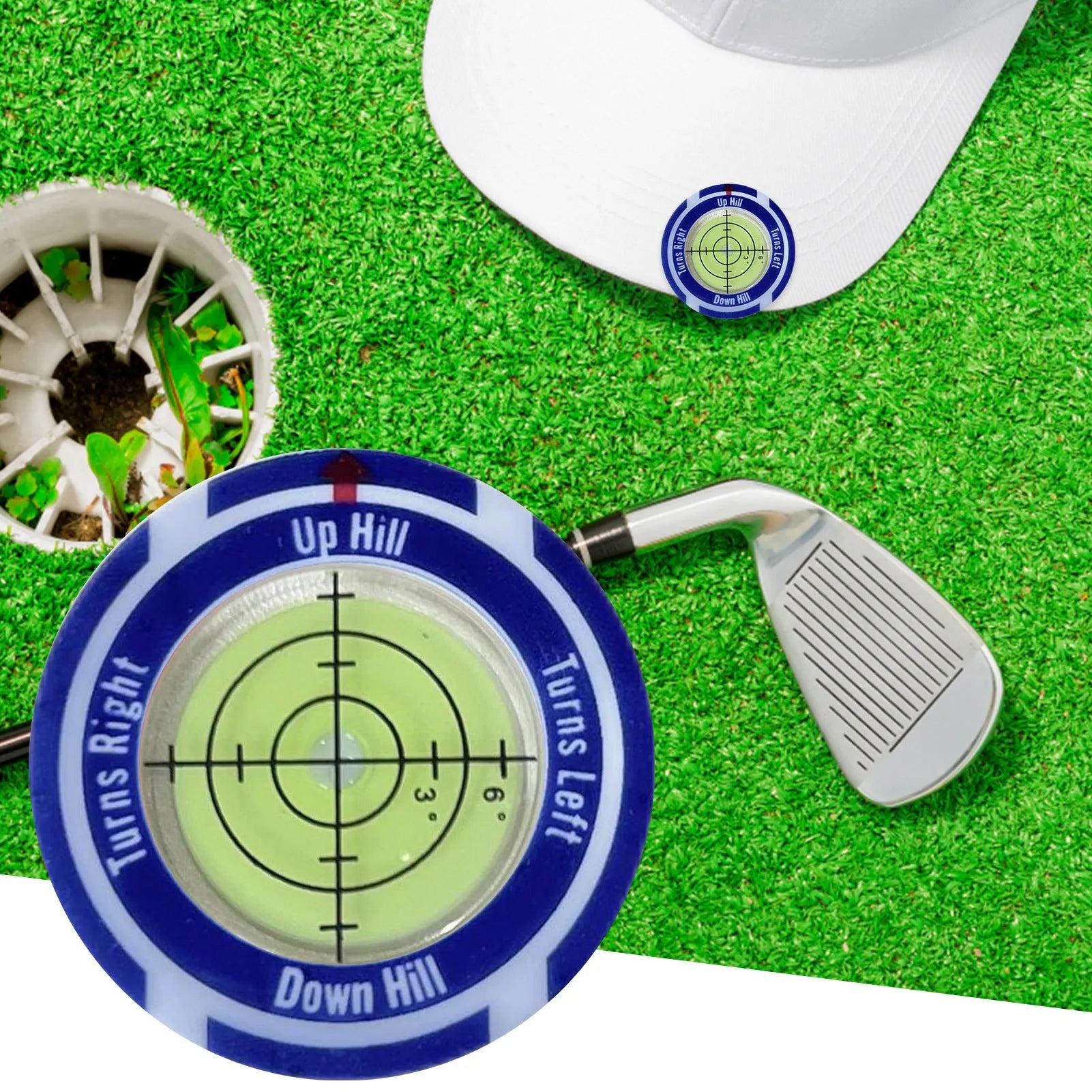 Golf Level measurement tool with hat clip, spirit level vial, and position mark for putting alignment