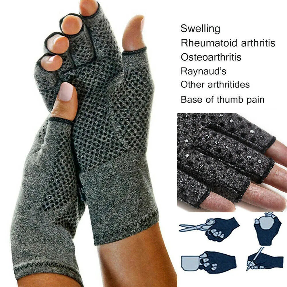 Grey half finger joint compression gloves with anti-slip grip on a hand.