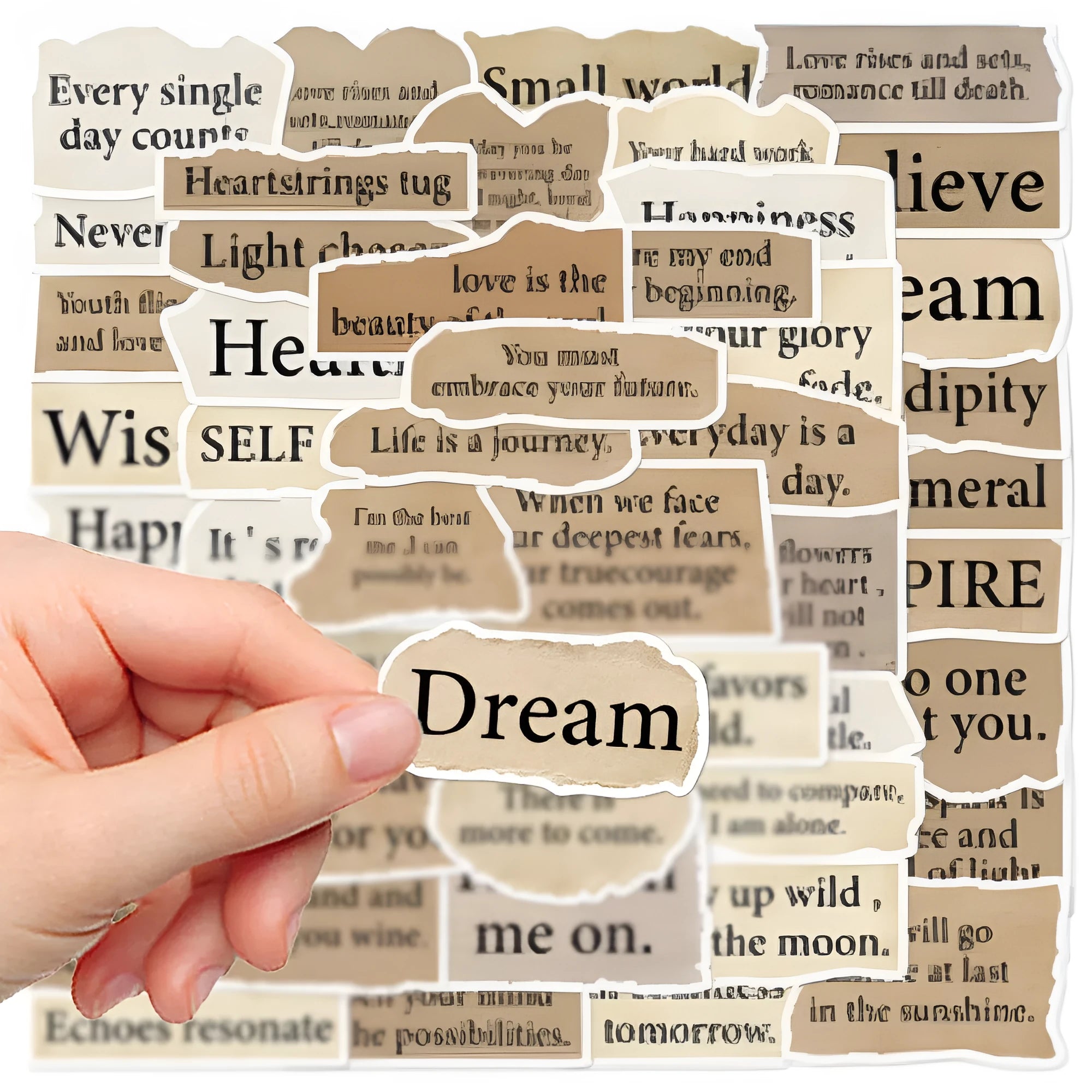 Set of 25 torn paper style English text decorative PVC stickers for laptops and notebooks.