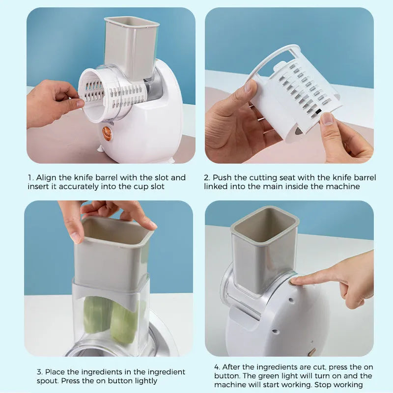White electric vegetable slicer with suction base and interchangeable blades for automatic cutting