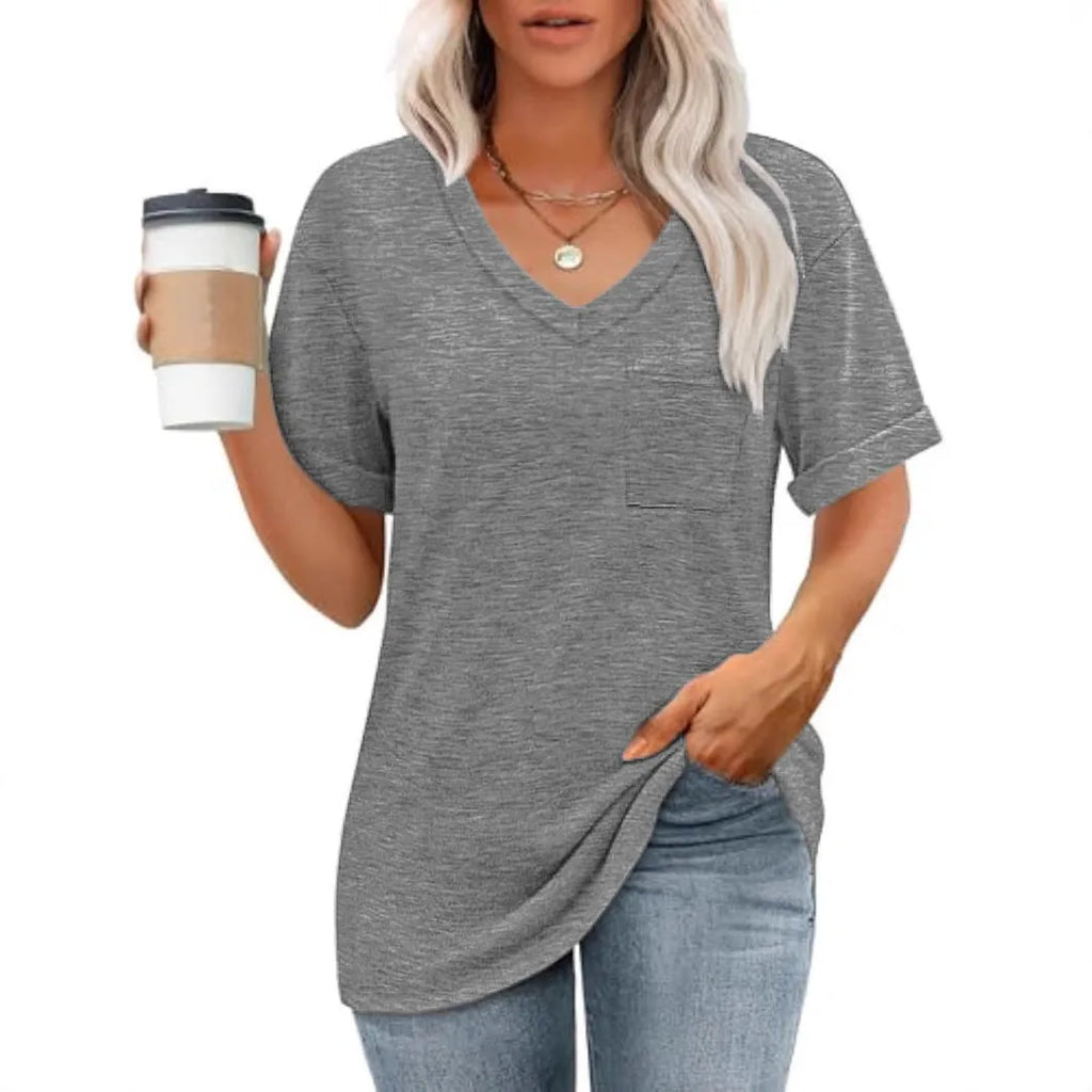 Grey loose V-neck T-shirt with chest pocket, short sleeve casual top