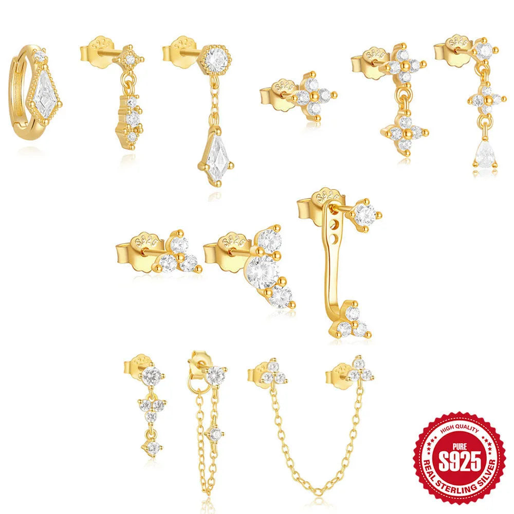 S925 sterling silver geometric zircon tassel earrings in gold colours with stud backings
