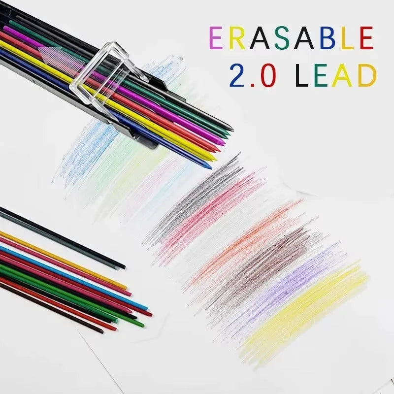 Boxed set of 12 erasable mechanical pencil lead refills in rainbow colours for drawing