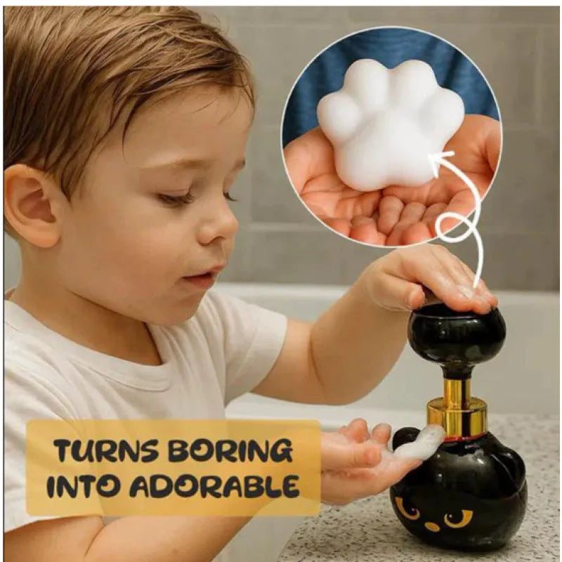 Black cartoon cat plastic foam soap dispenser measuring 10x10x18cm with manual pump