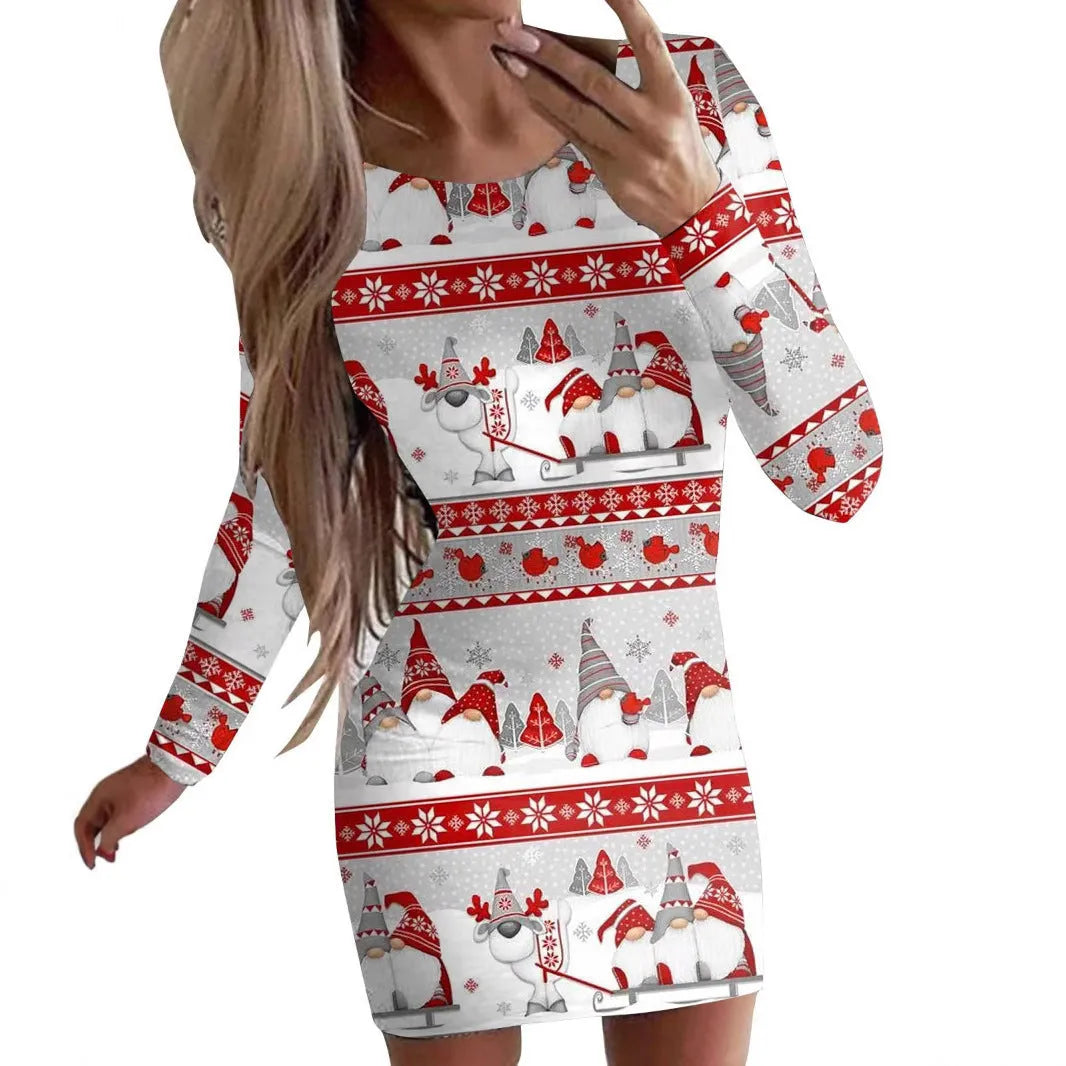 Women's Christmas printed polyester narrow dress with animal pattern design in floral colours
