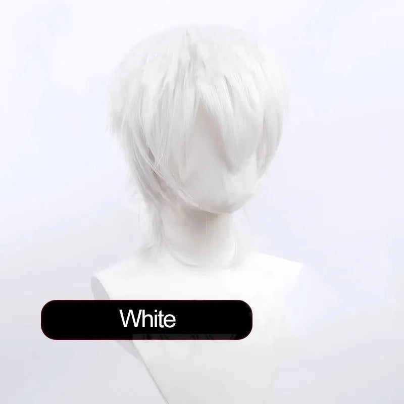 Men's short anime cosplay wig in high-temperature fibre on a wig stand, showing lengthened hair tail.