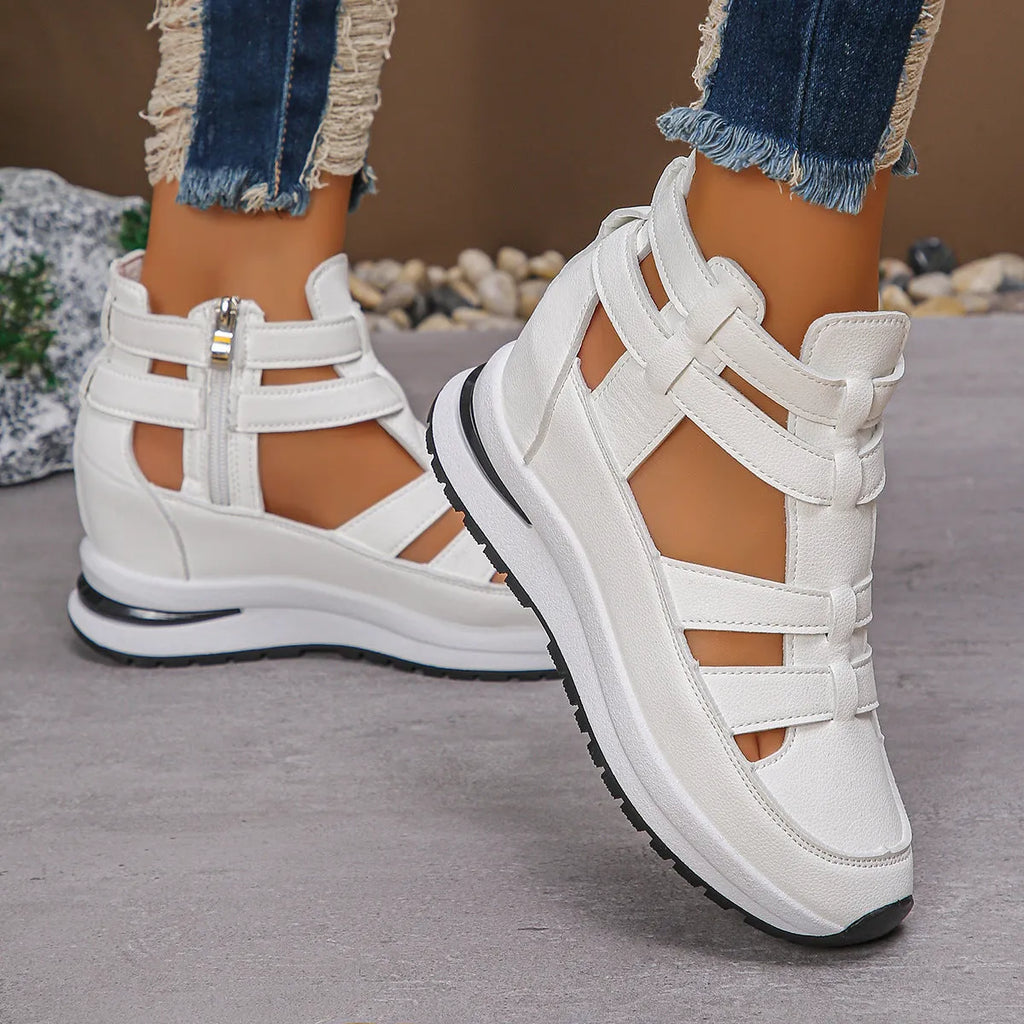 Women's black close-toed hollow-out platform sandals with Velcro strap
