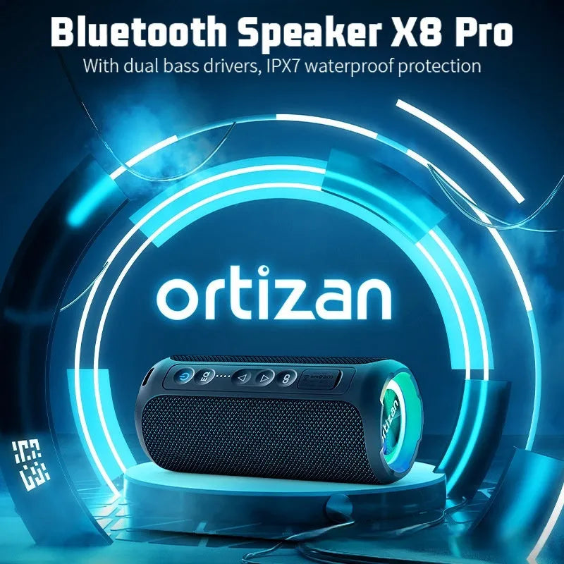 Black and blue fabric wireless Bluetooth speaker with colourful lighting effects showing 40W output rating