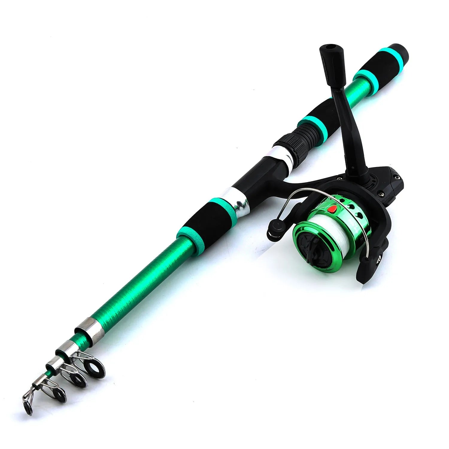 Children's fishing rod set with pole and wheel in blue, green, red or yellow colours with accessory box