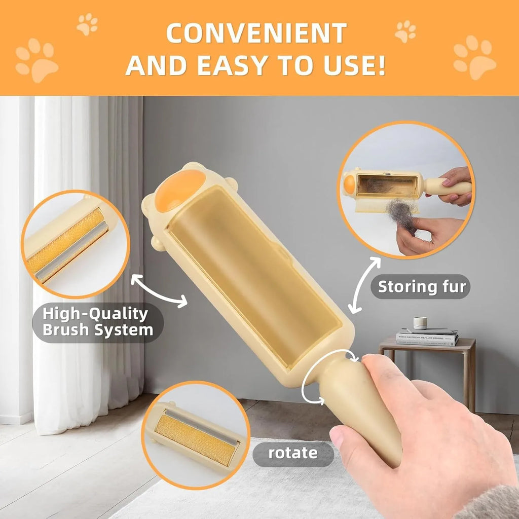 Blue pet hair remover with self-cleaning base on a fabric sofa