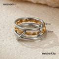 Gold plated stainless steel stackable ring for women in an exaggerated design on a hand.