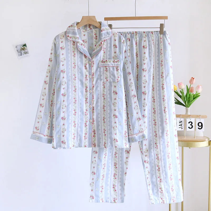 Ladies' cotton gauze homewear two-piece set in colour stripes pattern with long sleeves and trousers