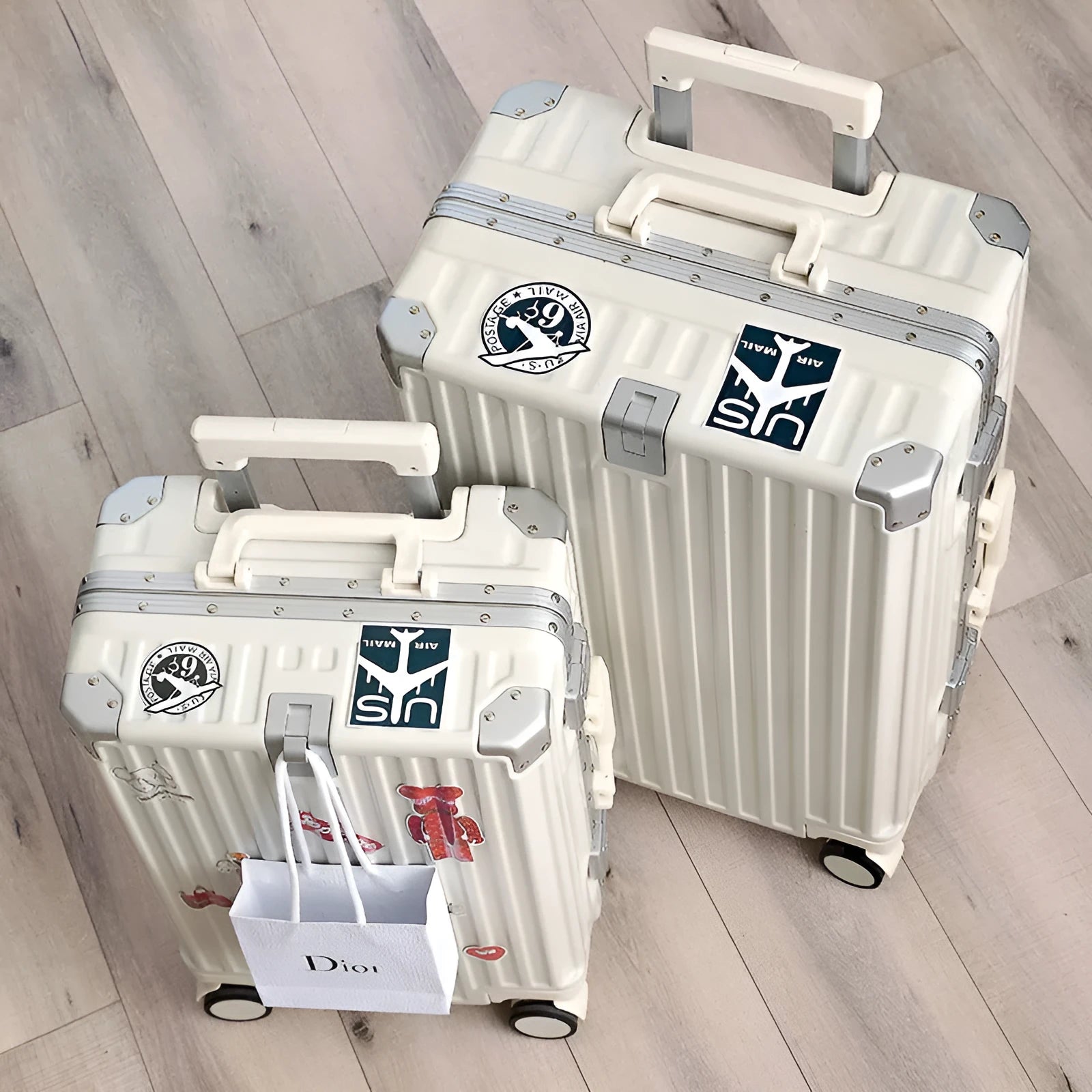 Hard shell aluminium frame luggage in avocado green colour with wheels and retractable handle