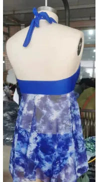 Blue two-piece bikini swimsuit for women with brief-style bottoms on a mannequin.