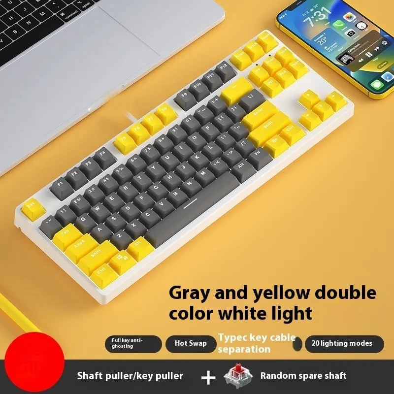 87 key wired mechanical keyboard with hot-swappable switches showing dual-colour keycap theme on metal body