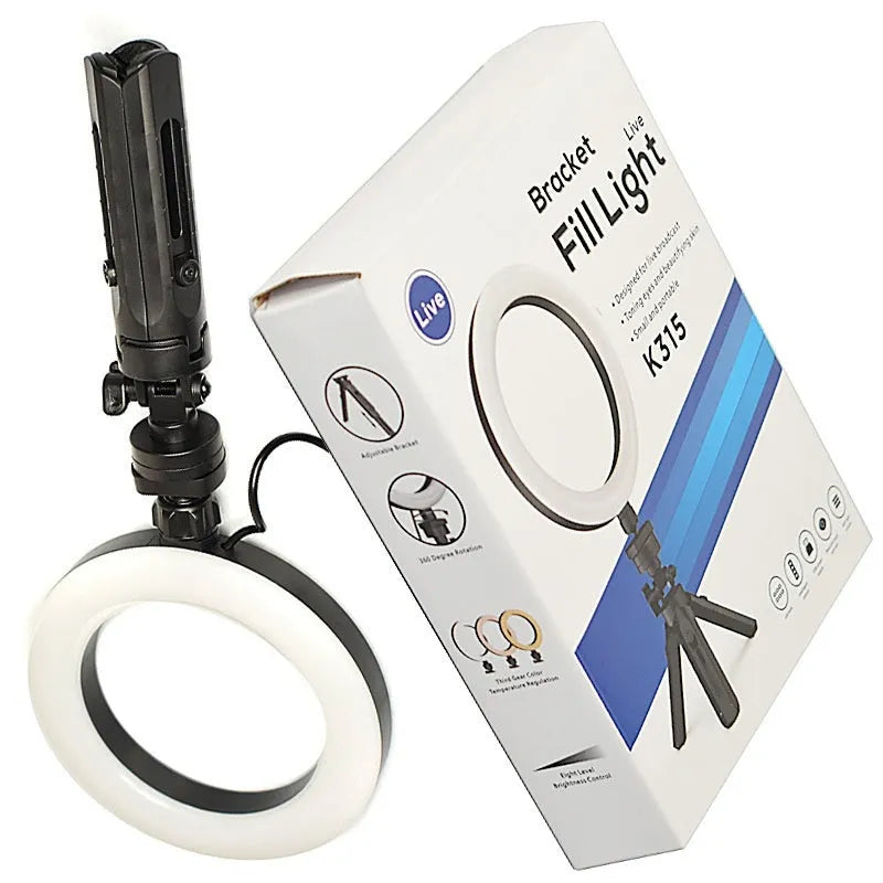 Black fill light tripod suit for mobile live streaming with colour adjustable lighting and universal smartphone bracket