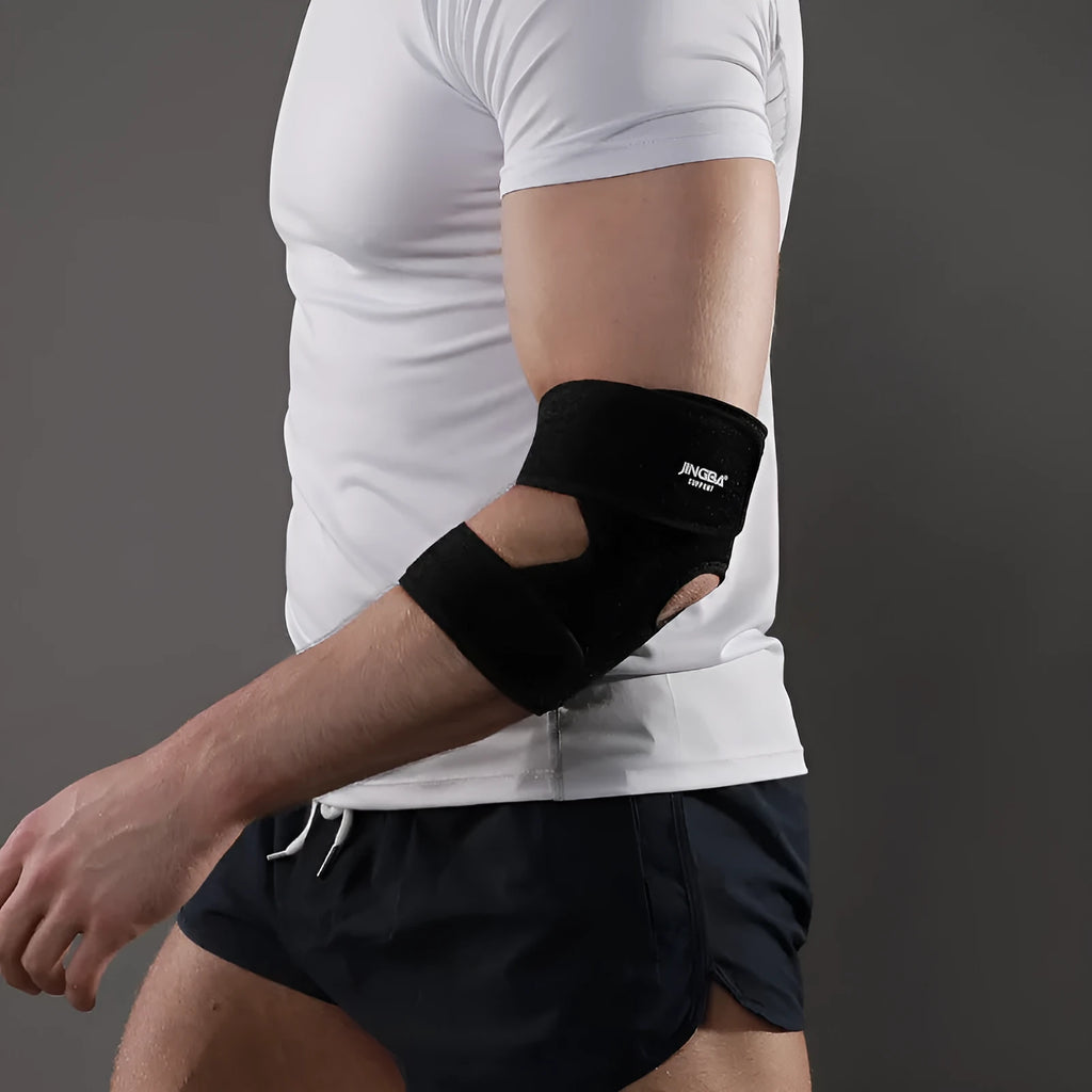 Black adjustable sports elbow guard for adult training and multi-sport protection.