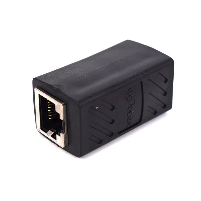Black RJ45 butt joint extender adapter with rotary union for Ethernet cable connections