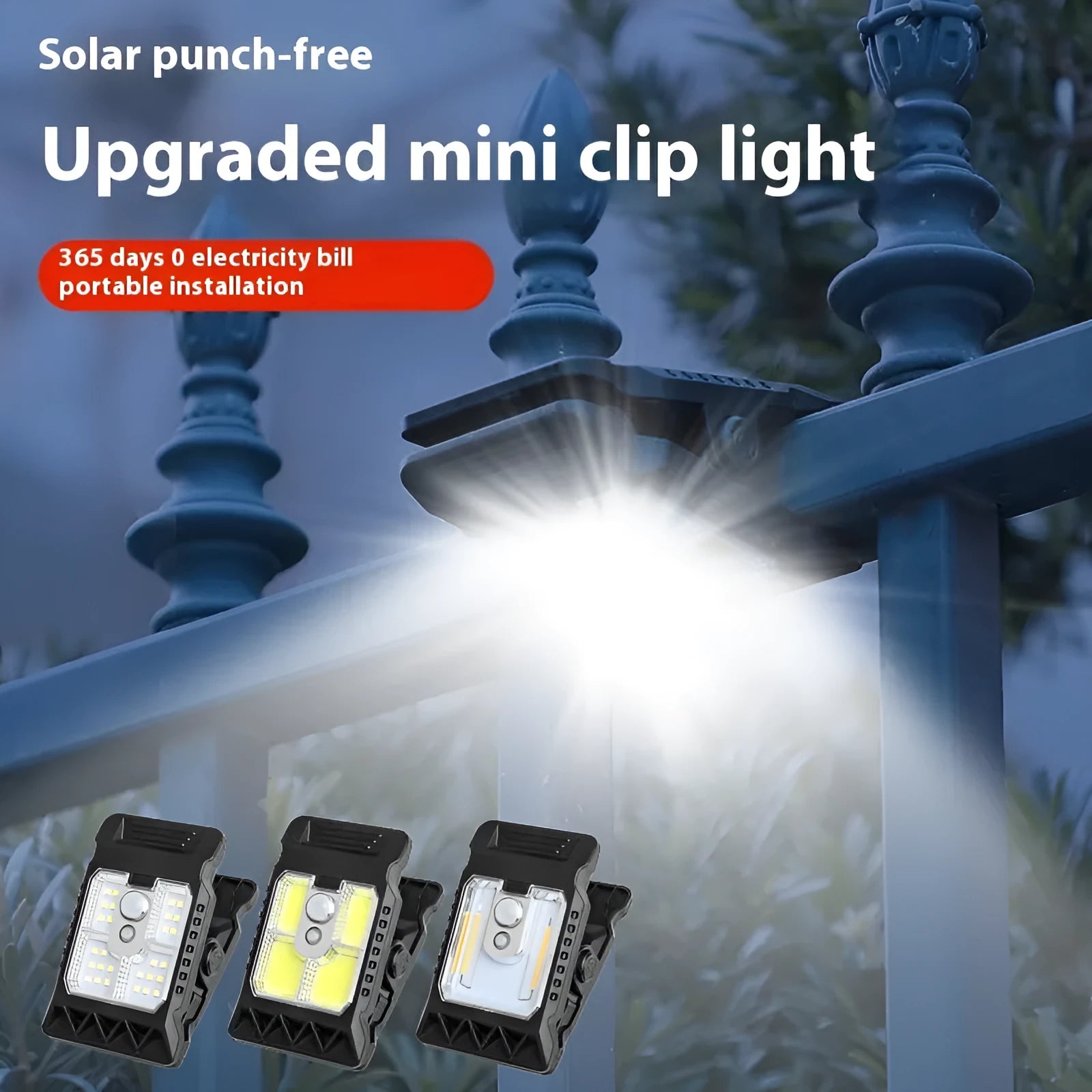 White rectangular sensor-activated clip lamp with IP65 rating, shown next to a 14500 lithium battery.