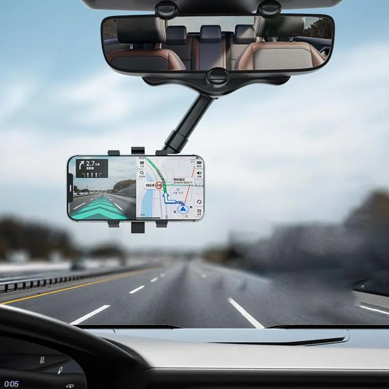 Black rearview mirror phone holder with 360 degree rotation and retractable arm for car mounting
