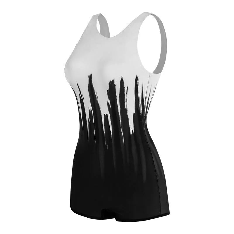 Black printed conservative one-piece swimsuit for ladies on a mannequin