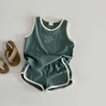 Children's cotton sports vest and shorts set in green or brown, two-piece outfit, sizes 80cm to 130cm.