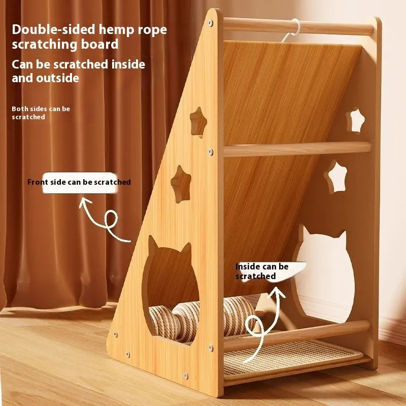Vertical wall-mounted cat scratch board with hemp rope and attached teasing ball