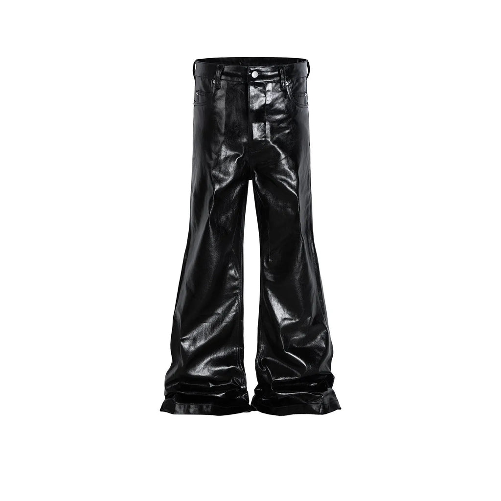 Black shiny patent leather effect skinny jeans with a straight leg and mid waist.