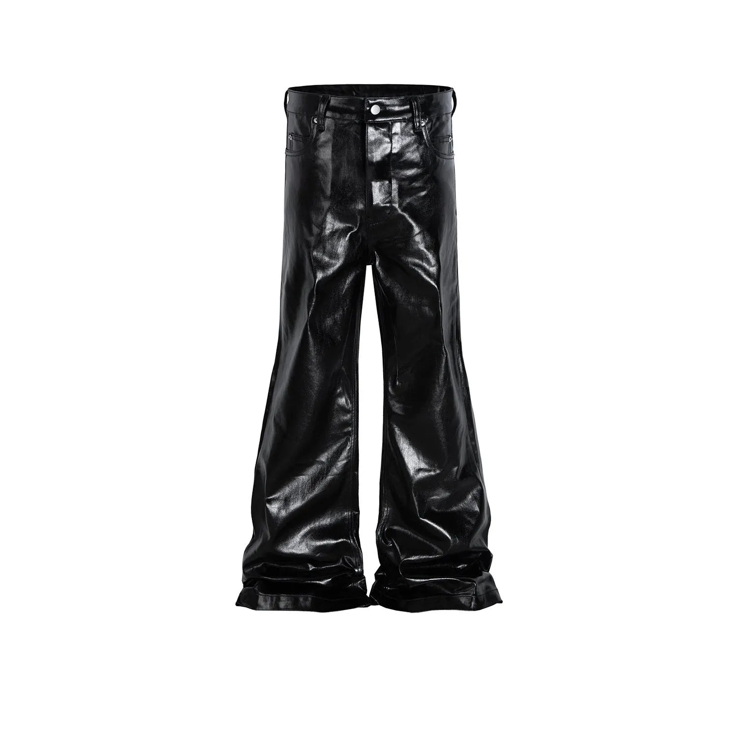 Black shiny patent leather effect skinny jeans with a straight leg and mid waist.