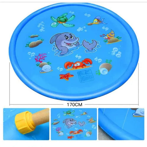 Blue PVC children's water spray mat with marine animals design for outdoor play