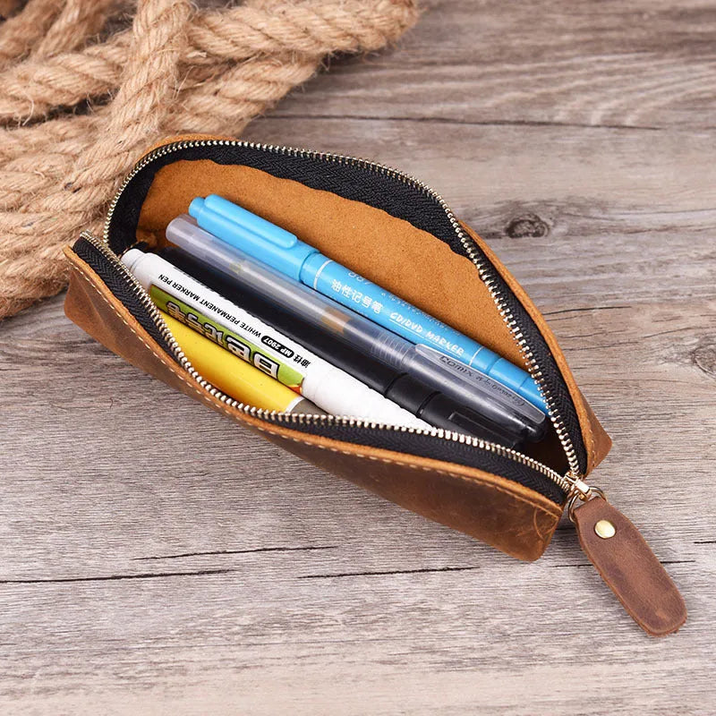 Handmade cowhide leather pencil case with zipper closure in square design