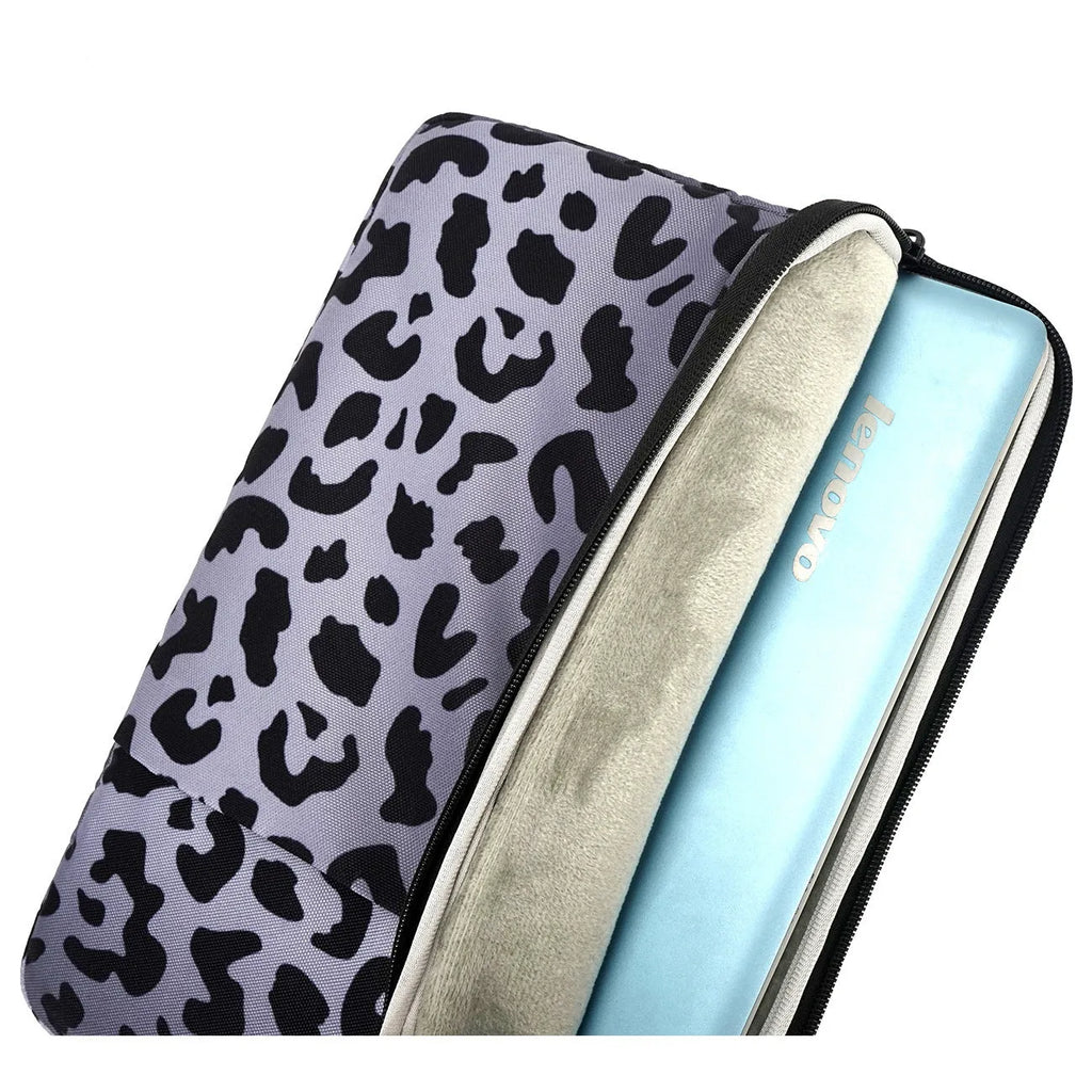 Leopard print laptop sleeve for 13-inch to 16-inch devices with flannel lining.
