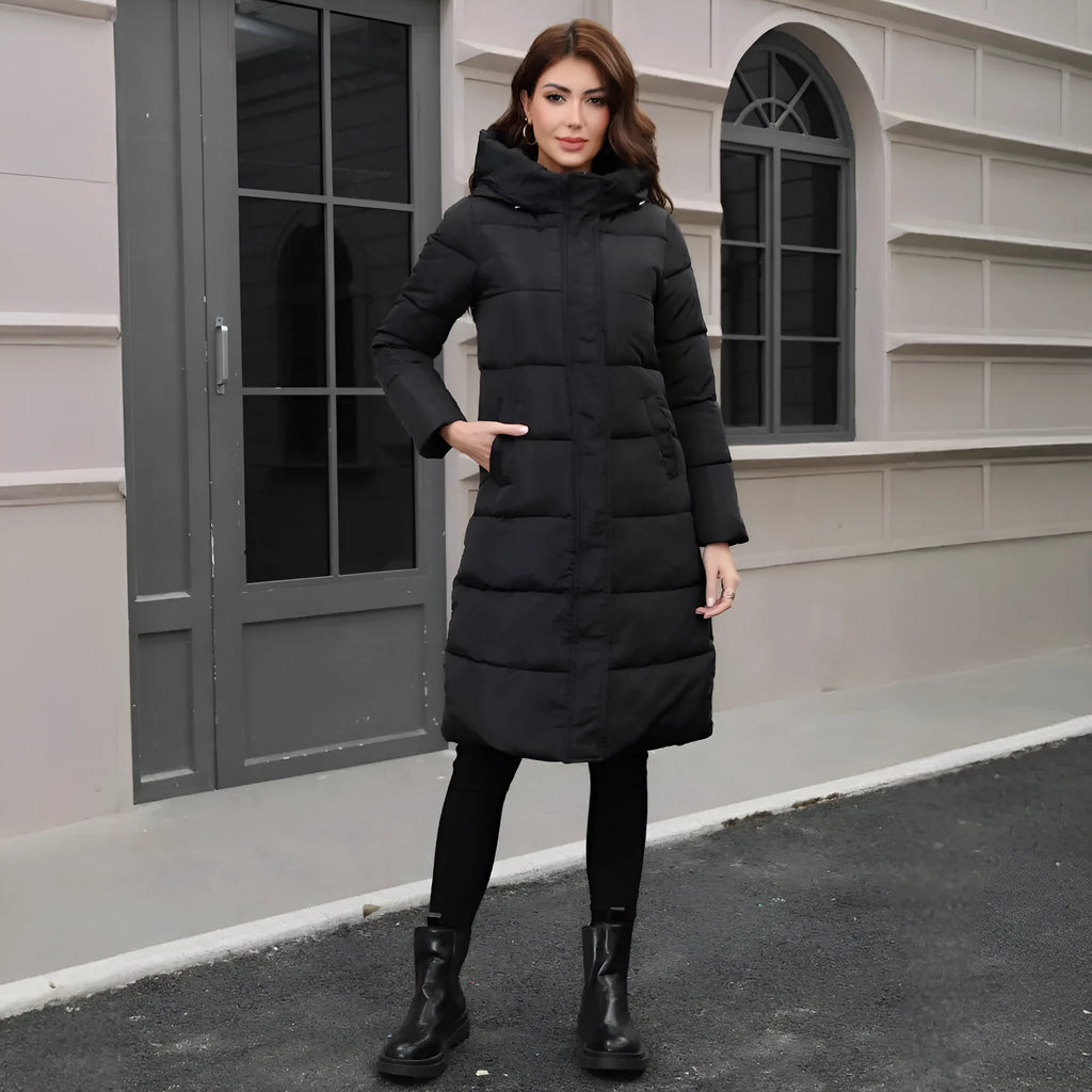 Black slim fit hooded jacket with long sleeves and cold-resistant polyester construction