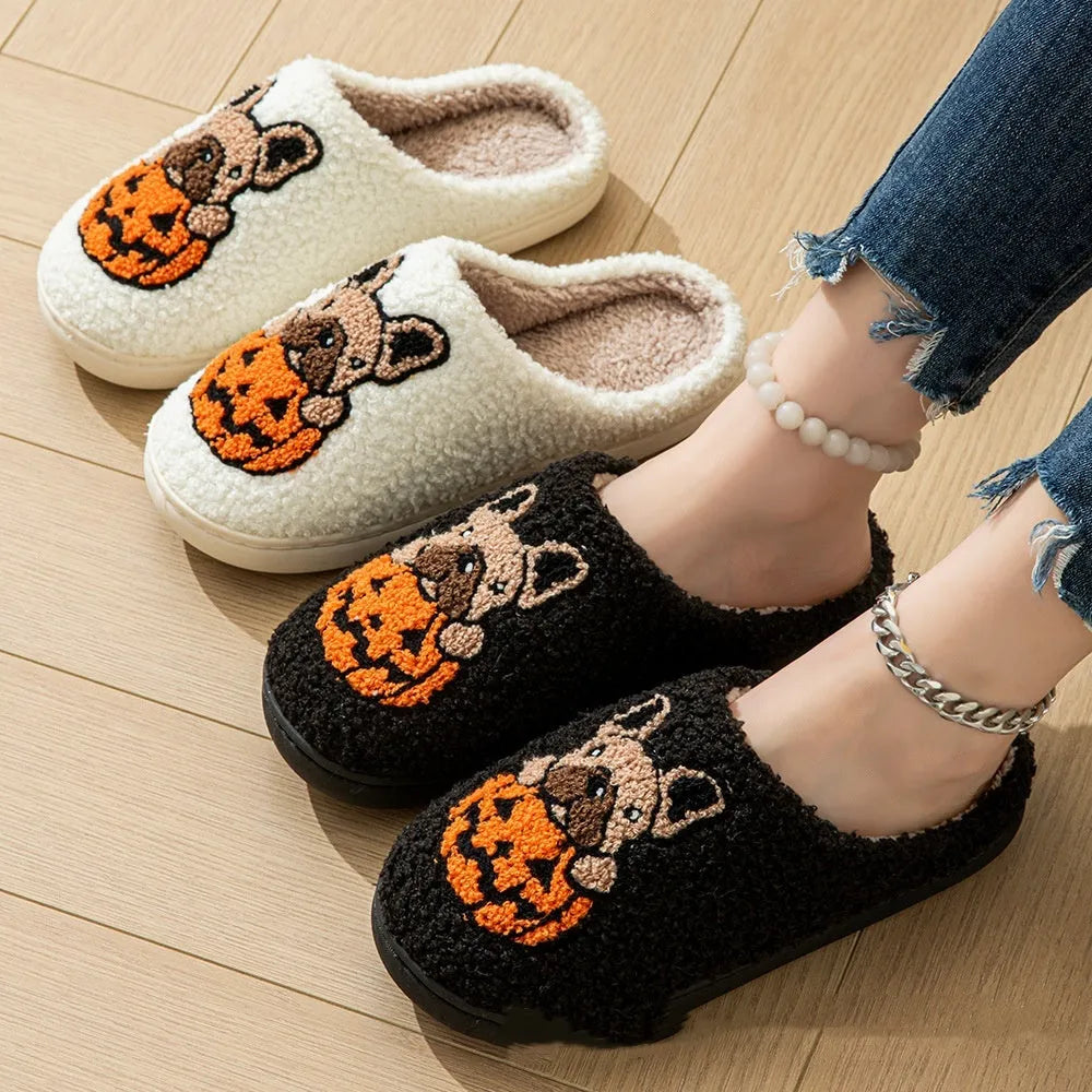 Black and white Halloween pumpkin slippers with plush cotton upper and non-slip rubber soles