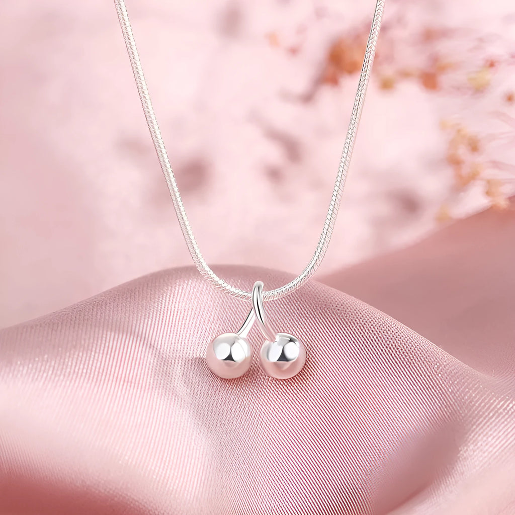 S925 sterling silver cherry necklace with snake bone chain, electroplated pendant, adjustable 21-50cm length