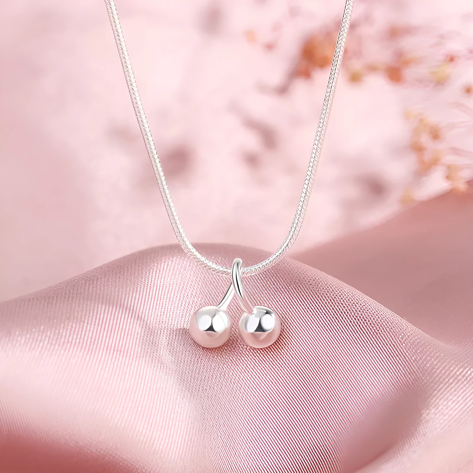 S925 sterling silver cherry necklace with snake bone chain, electroplated pendant, adjustable 21-50cm length