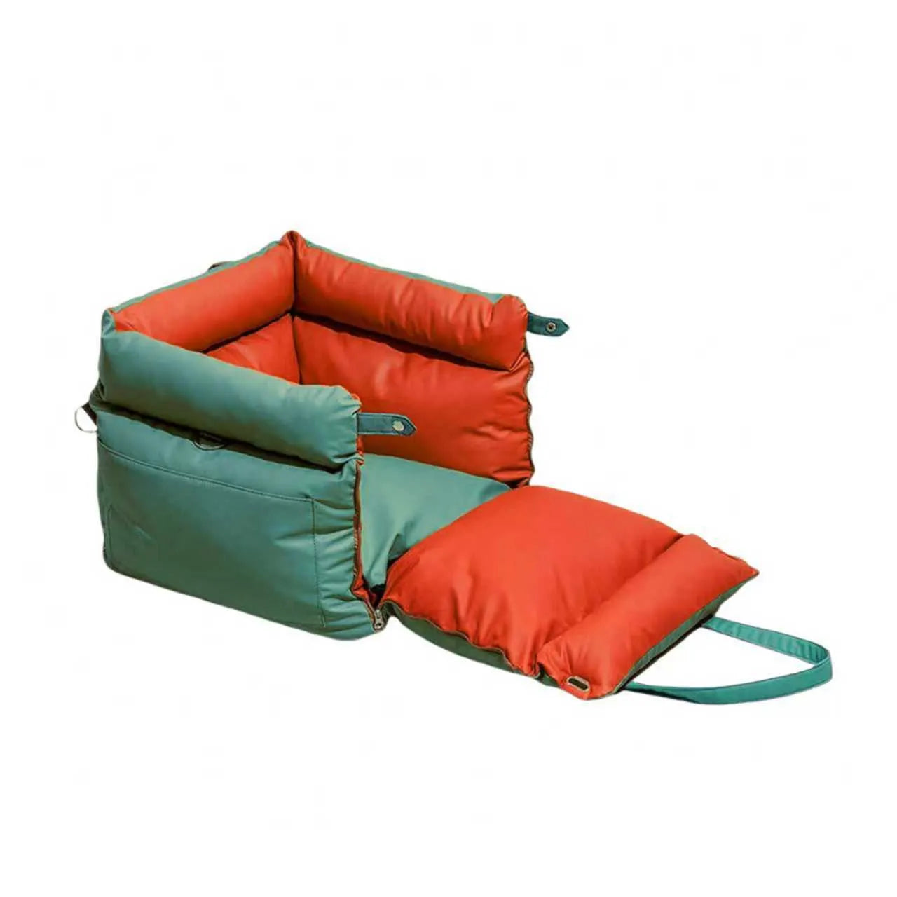 Green waterproof PU faux leather dog car nest with removable cushion, dimensions 55cm by 50cm by 45cm