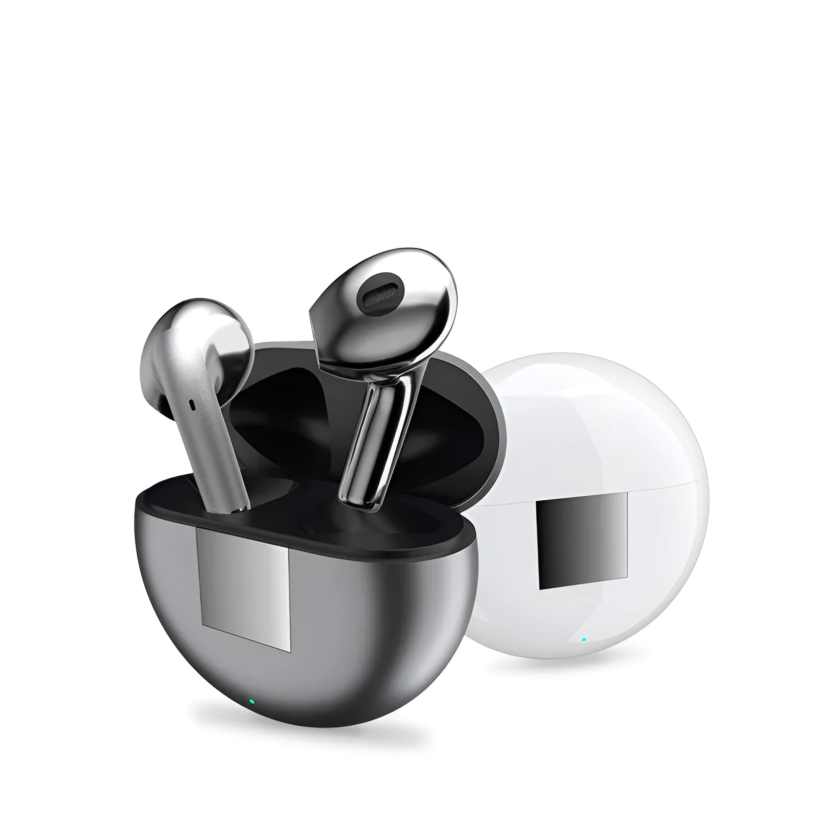 White semi-in-ear wireless Bluetooth headset with charging compartment on a plain background.