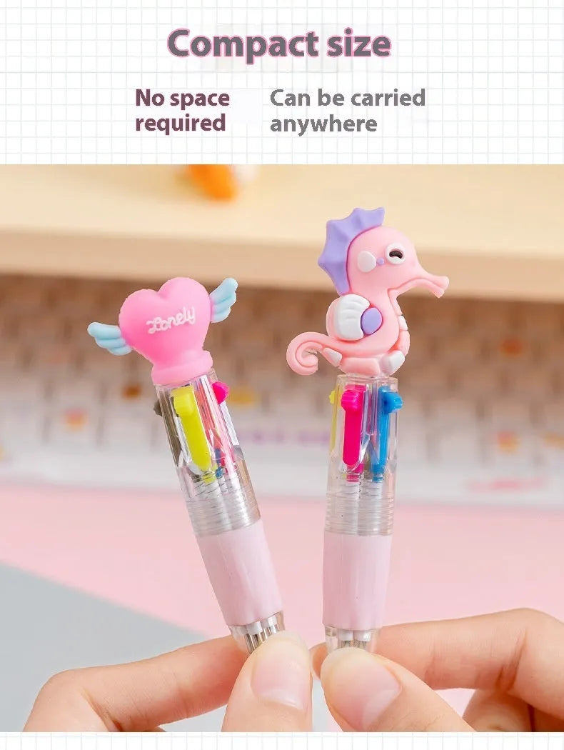 Cartoon themed 4-colour press ballpoint pen with 0.7mm bullet tip in cactus, fast food, or seahorse design