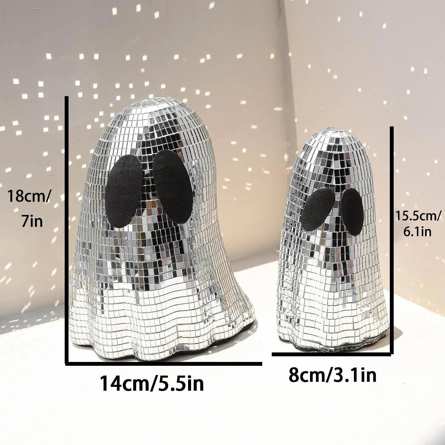 Silver Halloween ghost decoration with mosaic mirror patch design on desktop