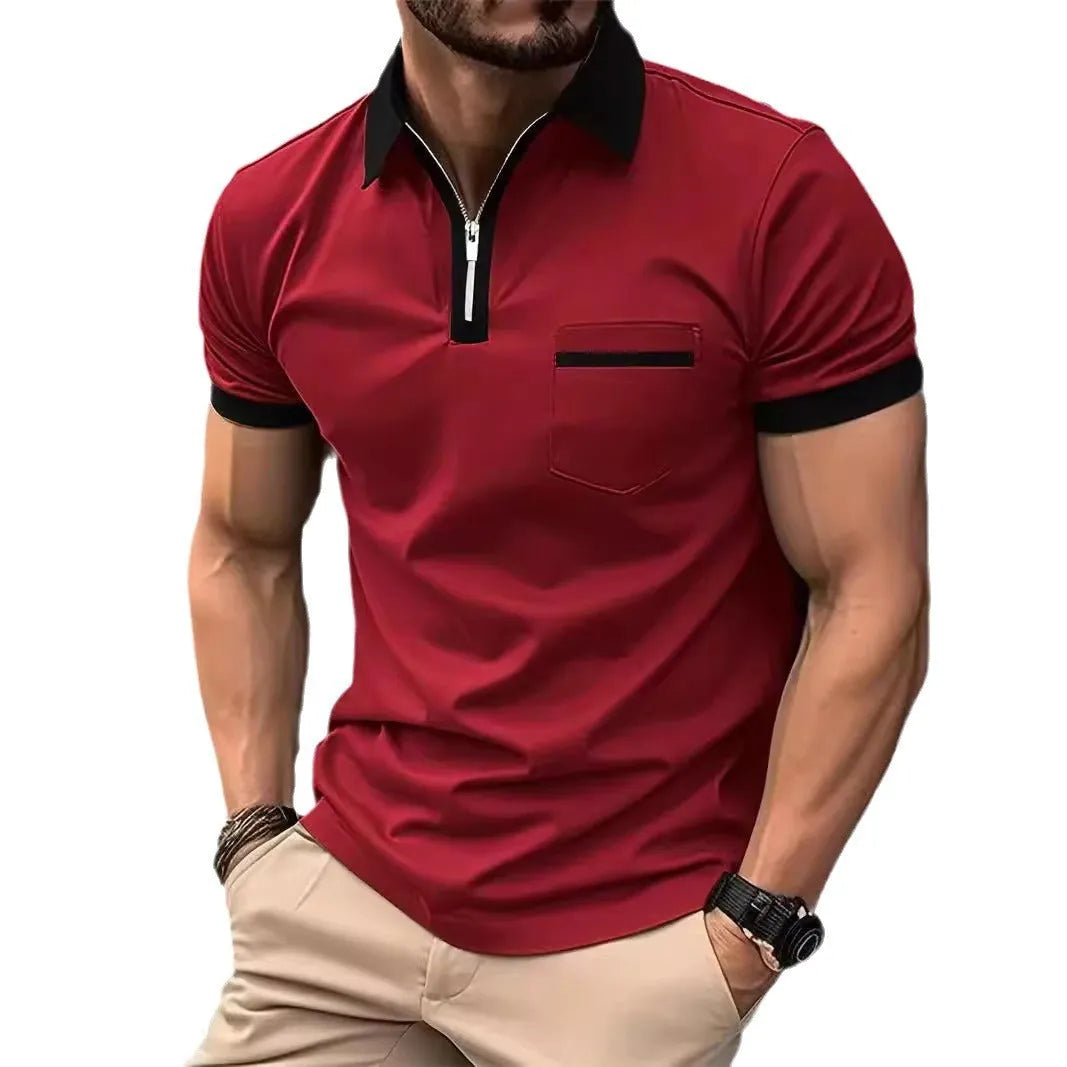 Men's loose fit short sleeve casual shirt with chest pocket and contrasting collar detail